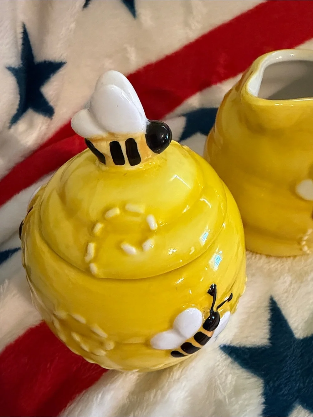 Pier 1 Yellow Bee Ceramic Sugar Bowl and Creamer